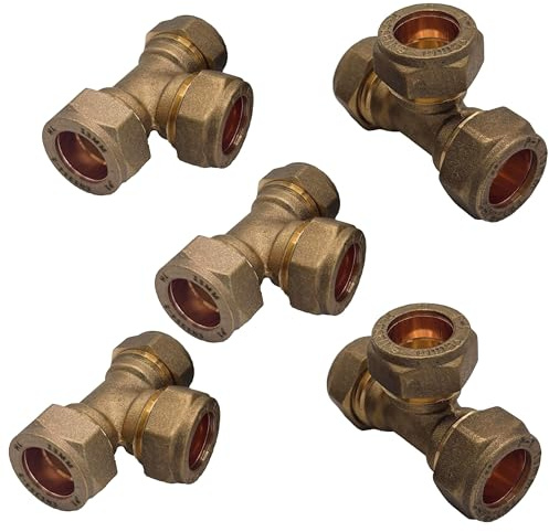 PlumbEZ WRAS Approved 15mm Brass Compression Tee Fittings for Copper & Plastic Pipe – Leak-Proof 3-Way Plumbing Connectors for Hot & Cold Water Systems – No-Solder Multi-Pack Options (5)