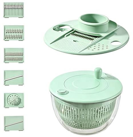 ADEMOKE Centrifuga per insalata con coperchio, insalata Spinner Multifunzionale con 6 taglialame, tagliere, ideale per lavare, asciugare e tagliare frutta e verdura