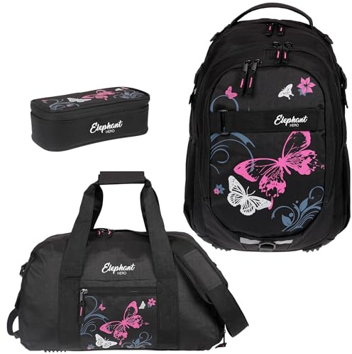 3 Teile Set Schulrucksack Laptopfach Mädchen 12679 Butterfly Pink rsmb | Signature Hero 2 Schultasche Laptopfach Rucksack + Sporttasche + Mäppchen Box Pink Schwarz