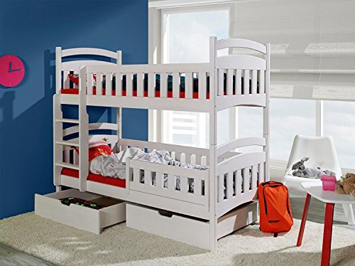 NAKA Dominik Kinder Hochbett Etagenbett mit 2 Liegeflächen und Matratzen Kinderzimmermöbel Bett für Mädchen Junge Kinderbett mit Rausfallschutz Möbel fürs Kinderzimmer 190 cm x 80 cm Weiß