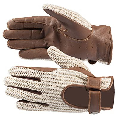 HORZE Gehäkelte Reithandschuhe Aus Leder, Atmungsaktiv, Verstellbarer Lederriemen, Größe 4.5-10, Braun/Beige, Schwarz/Weiß, Braun, 6