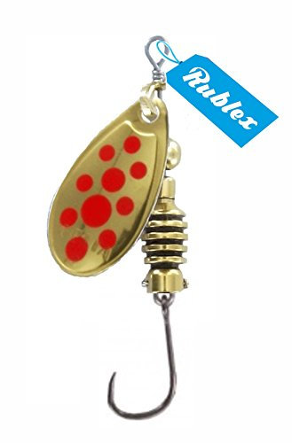 Rublex - Pack de 5 Cucharillas de Pesca Celta-2 OPR | Cebo Artificial de Pesca con Anzuelo Simple sin Muerte Fácilmente Intercambiable con Sistema Quita-Vueltas, Color Oro Puntos Rojos, 3'5gr