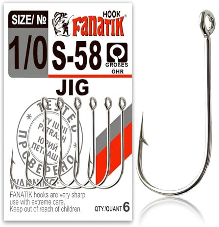 FANATIK Haken JIG S-58 gr. 5/0, 4/0, 3/0, 2/0, 1/0 jig Angel Fishing Hook für Gummiköder (Schwarz, 44mm - #3/0-6 Stück)