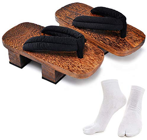 Azumasun Japanische Holzclogs mit Tabi-Socken für Damen und Herren, Braun/Schwarz, 8-9