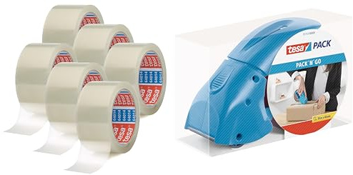 tesa tesapack 64014 - Geräuscharmes 66 m Paketklebeband zum Verpacken von Paketen und Versandschachteln - transparent - (6 Rollen, Bundle mit Pack' n' Go Blau)