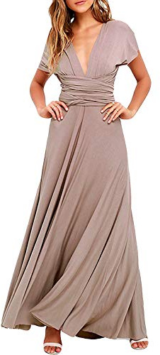 Damen Sexy Maxikleid Elegant V-Ausschnitt Rückenfrei Neckholde Abendkleider Ärmellos Schulterfrei Cocktailkleid Abschluss Bandage Brautjunfer Langes Sommer Party Kleid, Khaki