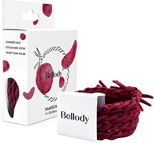 Bellody® Original Haargummis - Stylisch geflochtener Haargummi mit starkem Halt (4er Set - Bordeaux Red) - Damen Haarschmuck in Dunkel Rot