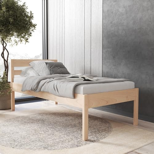 Hansales Seniorenbett 90x200 cm Anu aus Massivholz FSC® Birkenholz mit Rollrost - über 350 kg - Holzbett 55 cm hoch mit Kopfteil, Vollhozlbett, Komfortbett, extra hoch