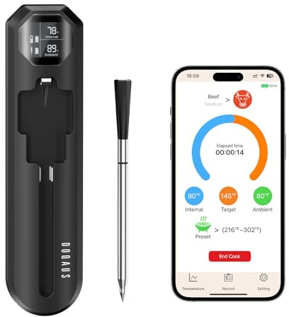 DOQAUS Fleischthermometer Kabellos, 150m Bluetooth 5.3 Grillthermometer, Genauigkeit ±0,5 °C, Dual-Zone-Sonde (-10 °C ~ 300 °C), IP67 wasserdicht, Typ-C-Schnellladung, für Grill, Backofen, Fleisch