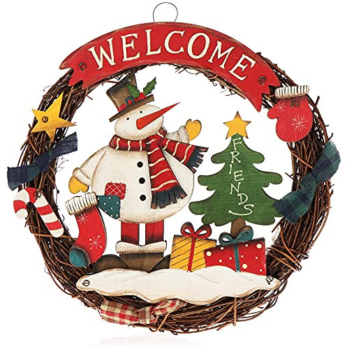 com-four® Weihnachtskranz geflochten - Tür Kranz Welcome für Weihnachten - Weihnachtsdeko zum Hängen - Holzkranz ca. Ø 24 cm (Schneemann - M)