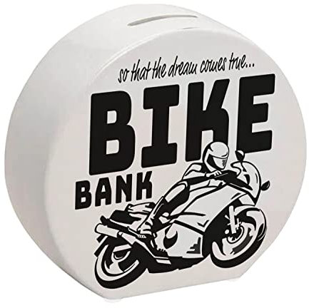Bike Bank Spardose in schwarz zum Thema Motorradkauf und Motorrad Fahren schöne Sparbüchse Geschenk für Sparfüchse die Träume eines Bikers mögen oder Sich ihren eigenen Traum
