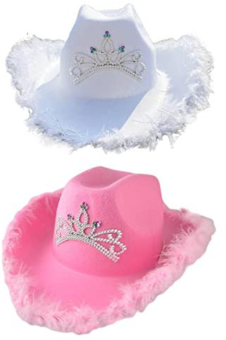 F Fityle 2er Pack Cowboy Hüte mit Tiara Krone, Wild West Hut, Breite Krempe, für Damen, Tracht
