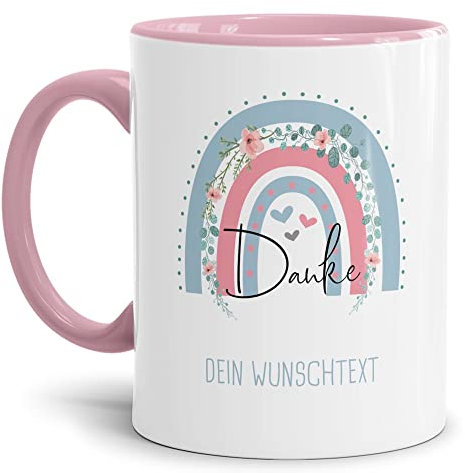 Tasse selbst gestalten - Danke mit Regenbogen Motiv - Text/Name Bedrucken - Geschenk Familie, Kinder - Keramik Innen & Henkel Rosa, 300 ml I Personalisiert