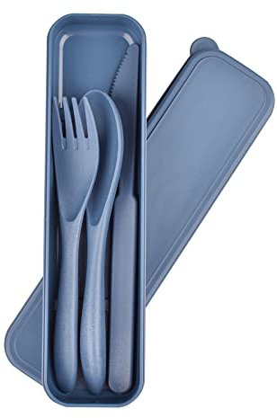 IDISON Cubiertos de plástico Reutilizables con Estuche, Juego de Utensilios Oscuros portátiles para niños y Adultos, vajilla para Camping, Apto para lavavajillas(Azul)
