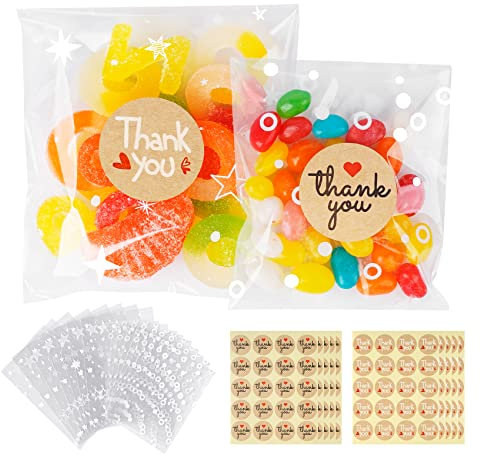 OPP Pochette,ilauke 200 Sachets Transparents+200 Autocollants,2-Taille Sac OPP,Bonbon Sacs Cellophane en Motif Étoilles,Cercles,Points pour Boulangerie Bonbon Chocolat Sucette Biscuits,15*10cm/12*8cm