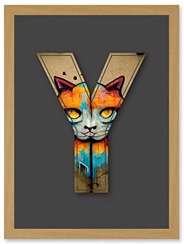 Wee Blue Coo Letter Y Cat Face Multicoloured Decorative Graffiti Mural Alphabet Initial Stencil Artwork Framed Wall Art Print A4
