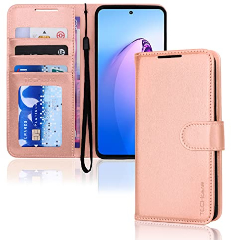 TECHGEAR Leather Wallet Case for Oppo Reno 8 5G, Flip Protective Case Cover with Wallet Card Holder, Stand & Wrist Strap - Rose Gold PU Leather with Magnetic Closure for Oppo Reno8 5G