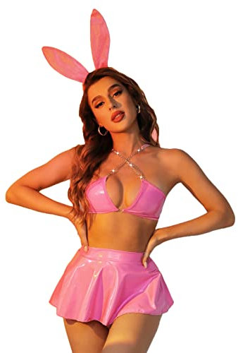 JasmyGirls Sexy Bunny Kostüme für Frauen Freche Cosplay Dessous Anime Leder Bikini Rave Maid Outfit Latex BH Mini Rock Set