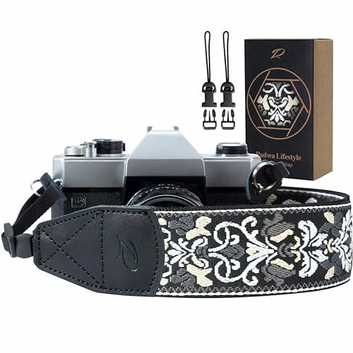 Padwa Lifestyle Camera Straps for Photographers - 2 Wide Vintage Jacquard Embroidery Camera Straps with Genuine Leather Head, Adjustable Neck Shoulder Strap for All Cameras(Grey Embroidered Flower)