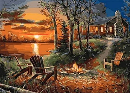 Pracht Creatives Hobby Diamond Painting Set, Bild mit Motiv Lagerfeuer am See und Zubehör, Größe ca. 35 x 25 cm, Bastelset zum Malen mit Glitzersteinchen für Kinder ab 5 Jahren