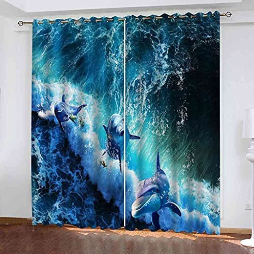 NGOCVN Blickdicht Vorhänge 300 X 280 cm / (B) X (H) Meerestier Delphin Ösenvorhang 3D Drucken Verdunkelungsvorhang 2Er Set Mikrofaser Gardinen Teenager Jungen Mädchen Für Jugendzimmer
