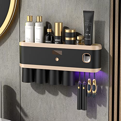 Zahnbürstenhalter, UV Elektrische Zahnbürste Halterung, Zahnpastaspender, Zahnbürstenhalter Elektrische Zahnbürste Wand, Ohne Bohren mit Zahnburstenaufbewahrung und Zahnputzbecherhalter-4 Cups