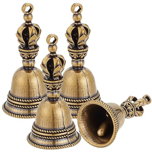 OLYCRAFT 4 campanelle piccole in rame da 4,6 x 2,3 cm, in bronzo anticato, con anello da 2 mm, in ottone vintage, per chiamate, ricevimenti, cene, negozi, hotel, decorazione per la casa