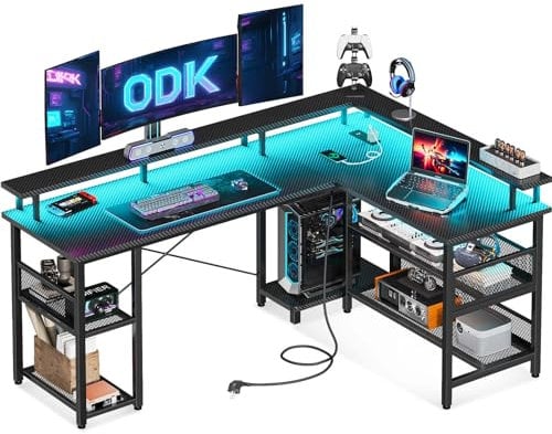 ODK L Shaped Gaming Desk with LED Lights & Power Outlets, 168×120cm Reversible Corner Desk with Storage Shelves, Computer Desks with Monitor Stand, Carbon Fiber Black