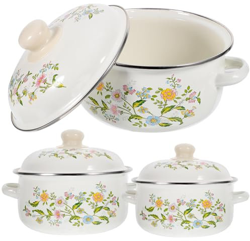 3 Stück Emaille Kochtöpfe Set Mit Deckel Retro Suppentöpfe Für Instantnudeln Suppe Und Milch Flacher Boden Perfekt Für Kleine Küchen