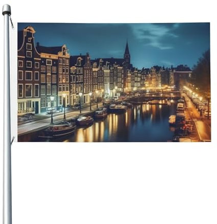 Flaggen, 90 x 152 cm, doppelseitige Flagge mit Messingösen, Amsterdam, Nachtsicht, Willkommensflaggen für Jahrestag, Hochzeit, saisonale Feiertage, Außendekoration, Flaggen