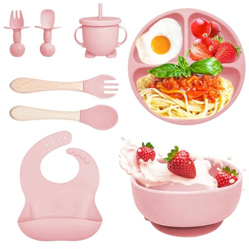 Bizcasa Vajilla Bebe Silicona, 8 Piezas Vajilla de Silicona para Bebés Antideslizante, Con Plato Cuenco Babero Taza, Vajilla de aprendizaje para comer destete, Sin BPA (Rosa claro)