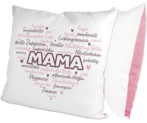 glitzertassen.de® | Eigenschaften Einer Mama | Kissen mit Spruch | Geschenk | Muttertag | Kissen mit Druck | Liebe | Deko Kissen | Fotokissen | Kuschelkissen | Weiß/Rosé