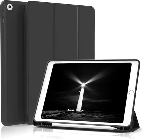 GKABXY Custodia per iPad 9e/8e/7a generazione 2021/2020/2019 10,2 pollici con porta matita, retro in morbido TPU e supporto protettivo a tre persiane, auto wake/sleep per iPad 10,2 pollici, nero
