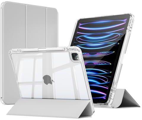 ZKTUYU Hülle für iPad Pro 11 4./ 3./ 2./1. Generation 2022/2021/2020/2018 mit Stifthalter, Kann Pencil 2 Aufladen, 2 in1 Abnehmbare Abdeckung mit Schiebeschublade,Transparente Rückseite, Grau
