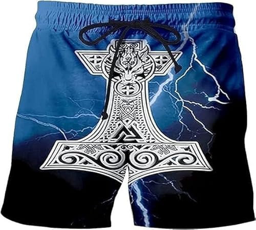 Nordic Men's Viking Shorts Myth Thor's Hammer Beach Shorts Swimming Trunks Casual Sports Shorts Quick-Drying Fitness Shorts(Color:Blue,Size:6XL)