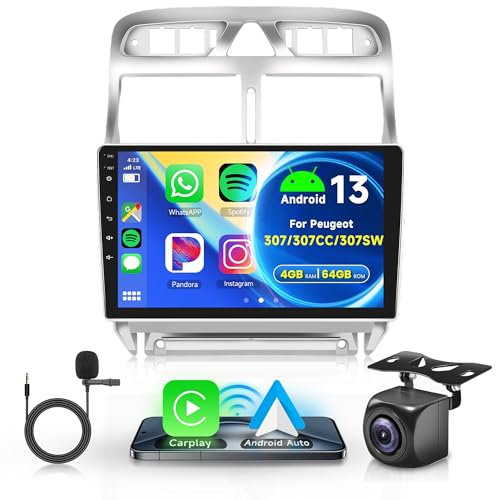 4G+64G Wireless Carplay Android 13 Radio de Coche para Peugeot 307/307CC/307SW 2002-2013 9 Pulgadas con Android Auto Navi GPS WiFi Bluetooth FM/RDS/DAB/DVR/32 EQ/SWC Cámara Trasera