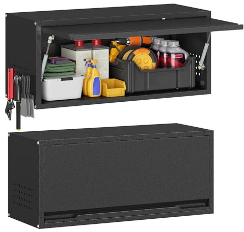 Firstsky Metal Garage Wall Cabinet with Up-Flip Door,Wall-Mounted Steel Storage Cabinet, Float Tool Cabinet with Pegboard,Upper Cabinet for Kitchen,Garage,Workshop,Warehouse(13.8 H,Black)
