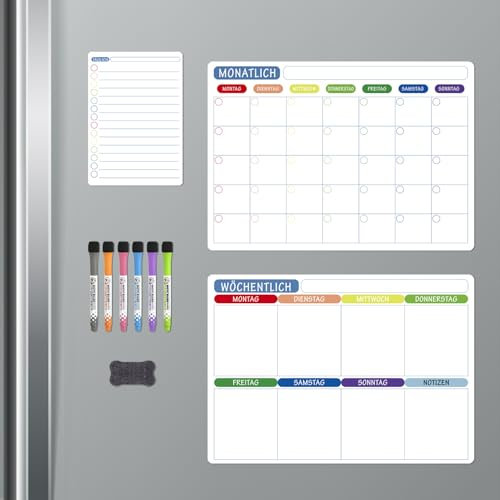 Magnettafel Kühlschrank, Whiteboard Magnetisch Wochenplaner+Monatsplaner+Tagesplaner Abwischbar, Familienplaner mit 1 Radierer und 6 Markern für To Do Liste Einkaufsliste Essensplaner