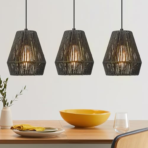 ELYONA Boho Geflochtene Pendelleuchten, 18 cm Rattan Hängelampen im Landhaus- & Küstenstil, Mattschwarzer Handgeflochtener Rattankorb-Schirm, Boho-Stil, für Kücheninsel, Bar, Esszimmer – 3er-Set
