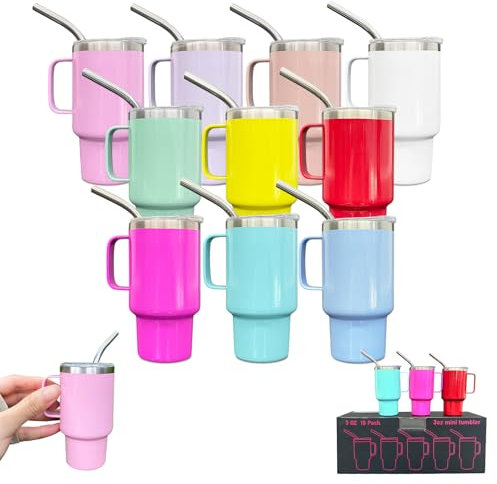 FunTrans 3oz Mini Tumbler Shot Glass with Straw and Lid, 10 Pack Stainless Steel Sublimation Shot Glasses with Handle for Wedding Party Whiskey Cocktail Bar（Color Mix）