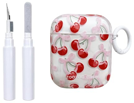 Faneiy AirPods-Hülle (mit Reinigungsset), transparent, niedliches Schleifenmuster, modisches Design, Schleife, ästhetisch, stoßfest, für Airpods 2 & 1, rote Kirsche