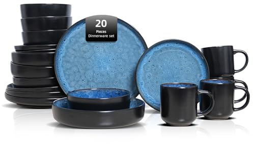 HomeVSS 20-Piece Dinnerware Set - Serves 4, Reactive Glaze Bubble Blue Plates & Bowls Set | Microwave & Dishwasher Safe Dishes Set