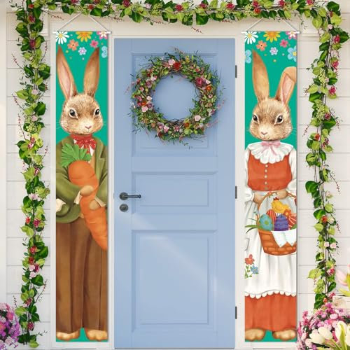 Ostern Tür Hintergrund, 2 PCS Frohe Ostern Couplet, Osterhase Türbanner, Veranda Banner Ostern, Happy Easter Banner, Hängende Banner Osterdeko, Frühlings Osterdekoration für Drinnen und Draußen