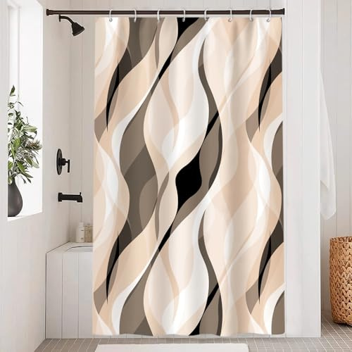 Uiiooazy Duschvorhang 120x180cm Anti Schimmel Gestreift Beige Gemustert | Duschvorhang Gradient Braun Streifen Wasserdicht Stoff Polyester Waschbar Bad Vorhang mit 8 Haken für Badezimmer Badewanne