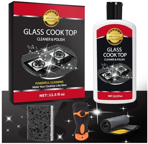Meuvcol Ceranfeldreiniger Set, Glaskeramik Reiniger & Politur Nicht Scheuernd Für Cerankochfeld, Induktionsfeld, Backofen,induktionskochfeld,Herd Mit Ceranfeld Schwamm, Kochfeldschaber, glass (340ml)