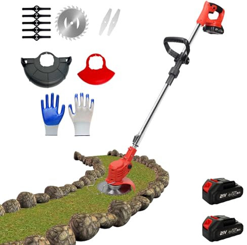 Hooha 21V Rasentrimmer mit Akku Freischneider Set 8 Scharfe Messer Schneller Schnitt Tragbarkeit Radkantenschneider für Heimrasen/Hof/Garten Inkl. 2X2.0Ah Batterie&Ladegerät, 880W Bürstenloser Motor