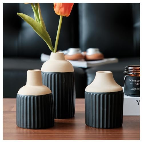 Schwarz Keramik Vasen Set 3er - Modern Boho Aesthetic Kleine Blumenvasen Home Decor - Deko Mini Vase Für Wohnzimmer Tischdeko küche Couchtisch Tisch Regal Bücherregal Kamin (Schwarz Vase)