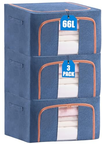 KXF Clothes Wardrobe Storage Organiser Boxes 3 Packs Waterproof Stackable Foldable Oxford Cloth Steel Frame Closet Clothing Storage Bag Clear Window & Carry Handles for Clothes Bedding Blankets 66L