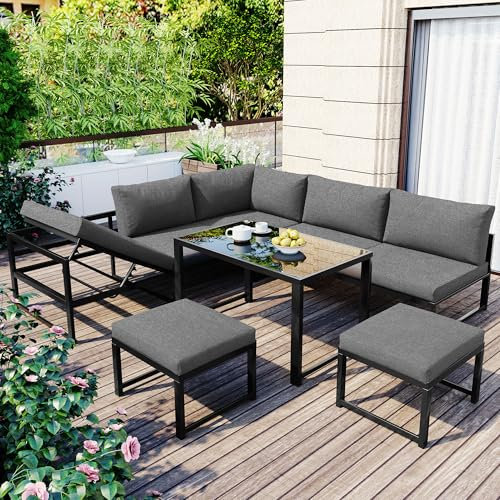 Jaxenor 6-7 Sitzer Lounge Möbel Outdoor mit Liegefunktion, Garten Loungemöbel Set mit 2 Quadratische Hocker, Gartenlounge Outdoor mit Tisch, Balkon Sofa, Inkl. Sitz- und Rückenpolster, Grau