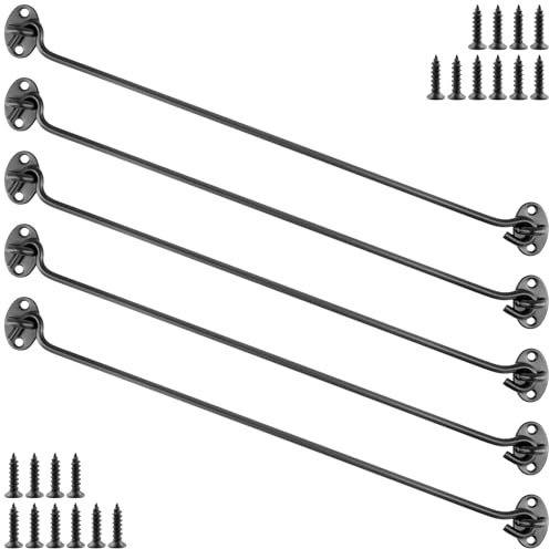 PUCSIQ 5 Stück Edelstahl Sturmhaken 40cm mit Öse | Schwarz Kabinenhaken für Türen & Fenster mit 8 Montageschrauben, Rostfreier Türriegel für Garage/Scheune